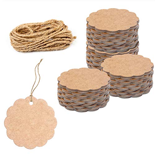 200 PCS Kraft Scalloped Paper Gift Tags with 100 Feet Natural Jute Twine String for Arts Crafts Packaging (Label Measures 2.4” in Diameter)