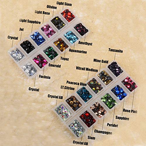 Massive Beads 6800+PCS Mixed 5 Sizes Flatback Round Glass Hotfix Iron Rhinestones Crystal for DIY Making w/ 1 Tweezers & 1 Picking Pen for Shoes, Clothes, Bags, Manicure (Mixed 5 Sizes, 22 Colors)
