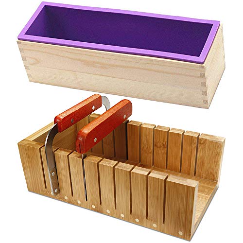 Soap Loaf Making Cutting Molds Kit with Silicone Mold + Wood Box + Wooden Cutter Mold + Straight Wavy Stainless Steel Cutters Slicer