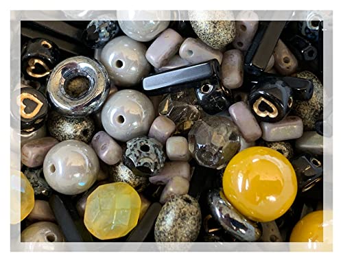 2.3 oz (60 g) Mix of Unique Czech Bohemia Glass Pressed Beads, Matte and Glossy, Hand Made, Luster Gray Yellow