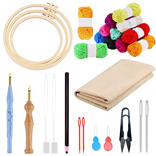 Allazone 17 PCS Punch Needle Embroidery Kits, 3 PCS Plastic Hoops with 3 PCS Punch Needle Cloth, 12 Color Yarn, Punch Needle, Big Eye Needles, Needle Threaders for Punch Needle Kits