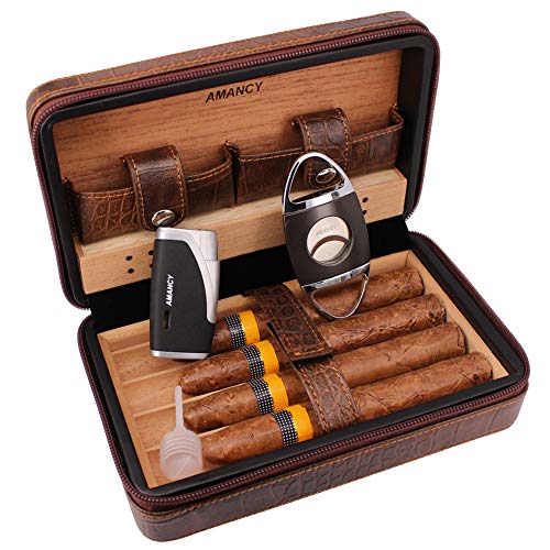 AMANCY Manly Black Brown Crocodile Pattern Leather Travel Cedar Wood Lined 4 Cigar Humidor Case, Included Cigar Cutter and Lighter