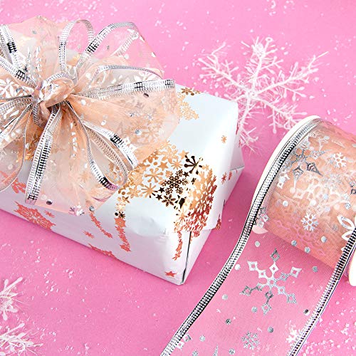 VATIN Christmas Tree Wrap Around Decor Ribbon, Craft Ribbon Wired, Blush Pink, Rose Gold Swirl Sheer Glitter Ribbon for Gift Wrapping 48 Yards (Set of 8) by 2.5 Inch-Valentines Day Wired Ribbon