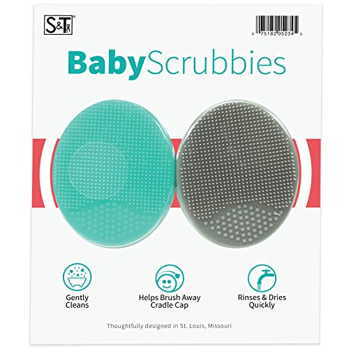 S&T INC. Exfoliating and Massaging Cradle Cap Bath Brushes for Baby, Silicone - 2 Inch x 2.5 Inch, Grey and Teal, 2 Pack