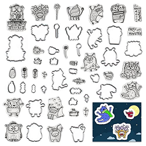 Monster Words Stamps and Dies for Card Making, Flower Monster Cutting Die and Clear Stamps for Bullet Journal DIY Scrapbook Decoration Handmade Crafts Notebook