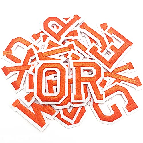 Jongdari Iron on Letters, 52 Pcs Alphabet Patches with Ironed Adhesive, Decorate Repair Patches for Shirts Jackets Hats Jeans Shoes Bags(Orange)