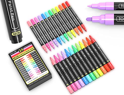 TOOLI-ART Acrylic Paint Markers Paint Pens Special Colors Set Extra Fine And Medium Tip Combo For Rock Painting, Canvas, Fabric, Glass, Mugs, Wood, Ceramics, Plastic, Multi-Surface. Non Toxic, (NEON)