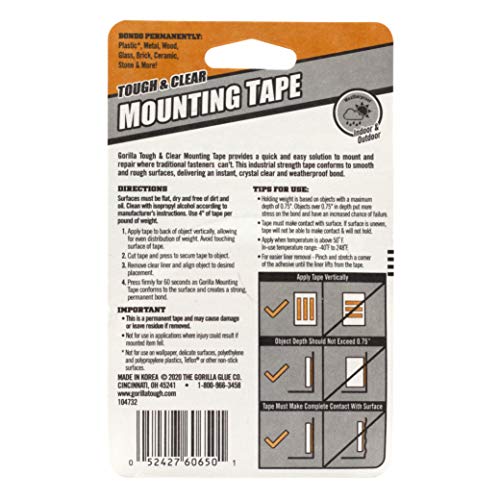 Gorilla Tough & Clear, Double Sided Mounting Tape, Weatherproof, 1" x 60", Clear, (Pack of 1)