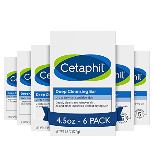 Cetaphil Bar Soap, Deep Cleansing Face and Body Bar, Pack of 6, For Dry to Normal, Sensitive Skin, Soap Free, Hypoallergenic, Paraben Free, Fragrance Free, Removes Makeup, Dirt and Oil