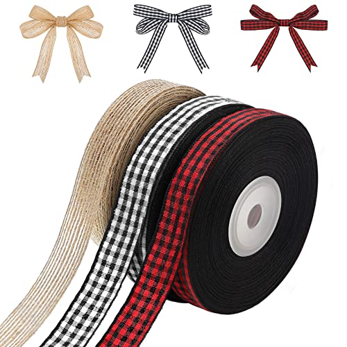 Christmas Ribbons Black Red Buffalo Plaid Fabric Ribbon Black and White Checked Gingham Ribbon 25 Yards Natural Burlap Ribbons Rustic Wrapping Ribbon for DIY Craft Party Decor(0.6 Inch)