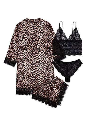 WDIRARA Women' Silk Satin Pajamas Set 4pcs Lingerie Floral Lace Cami Sleepwear with Robe Black Leopard XS