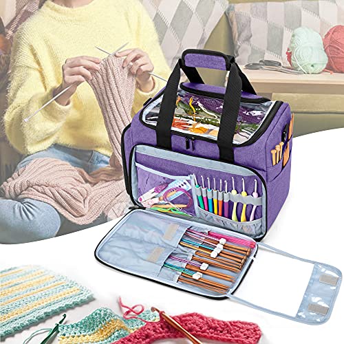 Teamoy Yarn Storage Bag, Travel Knitting Tote Bag with Foldable Inner Dividers for WIP, Yarn Skeins and Knitting Accessories, Purple
