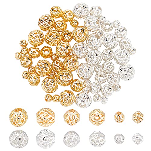 PandaHall 3 Sizes Real 18K Gold Silver Plated Hollow Beads, 60pcs Round Filigree Beads Brass Metal Spacer Beads for DIY Crafts Bracelets Necklaces Earrings Jewelry Making, 4/6/8mm