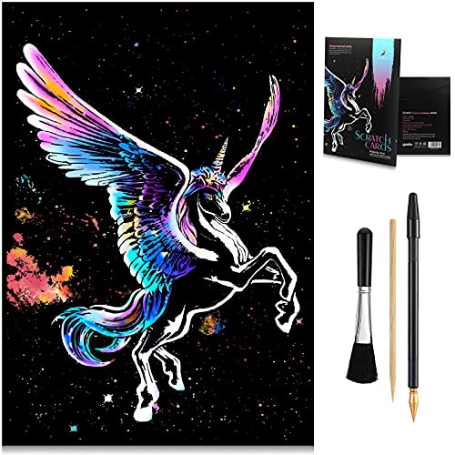 Animal scratch art rainbow painting paper, Engraving Art & Craft Sets, Creative foil scratch art toys gift, DIY sketch card scratchboard for Kids & Adults, Women - 16'' x 11.2'' with 3 tools (Unicorn)