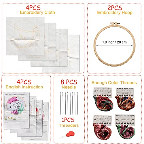 Embroidery Needlepoint Kit with Patterns and Instructions for Beginners Beauty Character Flowers for Adults,Cross Stitch Kit, Embroidery Starter Kit Including Plastic Hoops, Needles, Color Threads