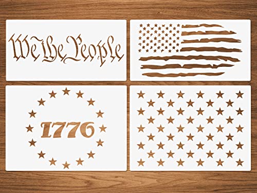 4 Packs Stars American Flag Stencils, Reusable Patriotic Stencils Including 1776 American Flag We The People America Stencil for Painting on Wood Fabric Wall DIY Home Decor