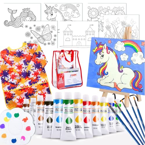 J MARK Kids Painting Kit – Piece Acrylic Painting Supplies Kit with Storage Bag, Washable Paints, Scratch Free Paint Easel, Pre-Stenciled Canvases, Brushes, Palette