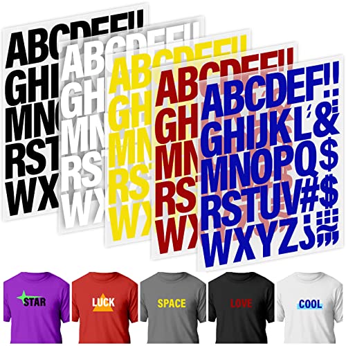 20 Sheets 880 Pieces Iron on Letters for Clothing, 2 Inch 5 Colors Heat Transfer Vinyl Patches PU Alphabets Sticker T-Shirt Printing DIY Crafts Decorations (Black, White, Yellow, Red, Blue)