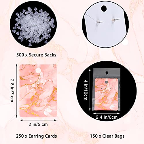 900 Pcs Marble Earring Necklace Display Card Holder Set, 250 Pcs 5 Colors Jewelry Display Cards 150 Pcs Self-Seal Bags and 500 Earring Backs for Jewelry Display Packing, 2 x 2.8 Inches (Golden Ripple)