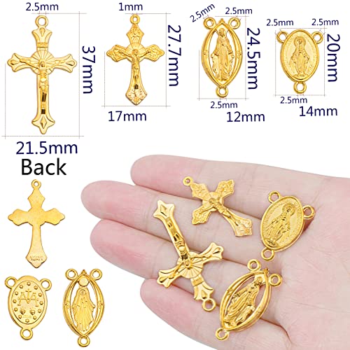 Aylifu 40pcs Golden Rosary Cross Charms and Center Miraculous Medal with Maria Crucifix Cross Pendants and Oval Chandelier Links for Easter Holidays Rosary Jewelry Making, 4 Styles
