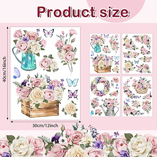 4 Sheets Rub on Transfers 16 x 12 Inches Rose Eucalyptus Sunflower Rub on Transfers Stickers Rub on Decals for Crafts Wood Furniture Fabric Journal Envelope Scrapbooking (Rose Style)
