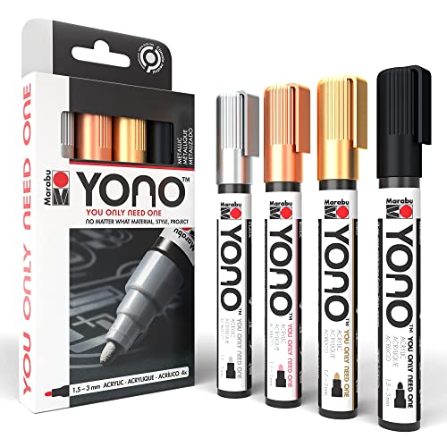 Marabu YONO Metallic Paint Markers - 4 Acrylic Paint Markers for Wood, Stone, Metal, Canvas, Glass, Ceramic, Plastic, Leather - Metallic Paint Pens for Rocks, Mugs, Tumbler Making, and Shoes