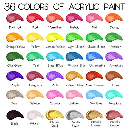 Acrylic Paint Set of 36 Colors 2fl oz 60ml Bottles with 12 Brushes,Non Toxic 36 Colors Acrylic Paint No Fading Rich Pigment for Kids Adults Artists Canvas Crafts Wood Painting