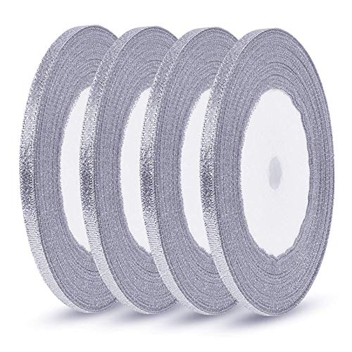 4 Roll Christmas Glitter Metallic Silver Ribbon,Glitter Ribbon for Gift Crafters Wedding Party Birthday Wrap Hair Bows Floral Projects Wrapping Decorations DIY Crafts Arts(1/4inX22m)