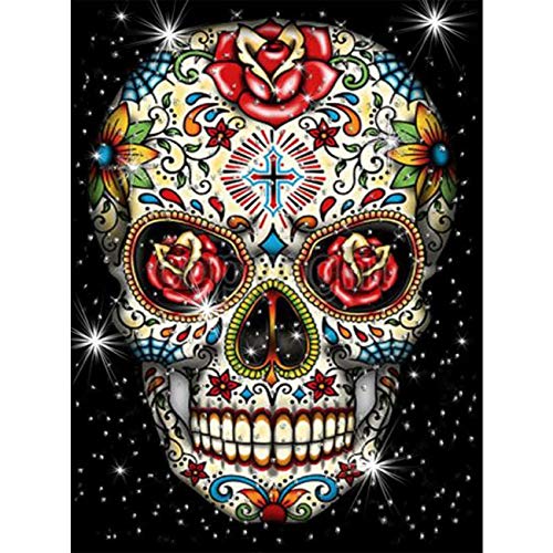 SKRYUIE 5D Diamond Painting Rose Skeleton Full Drill Paint with Diamond Art, DIY Skull Flower Painting by Number Kits Cross Stitch Embroidery Rhinestone Wall Home Decor 30x40cm (12"x16")