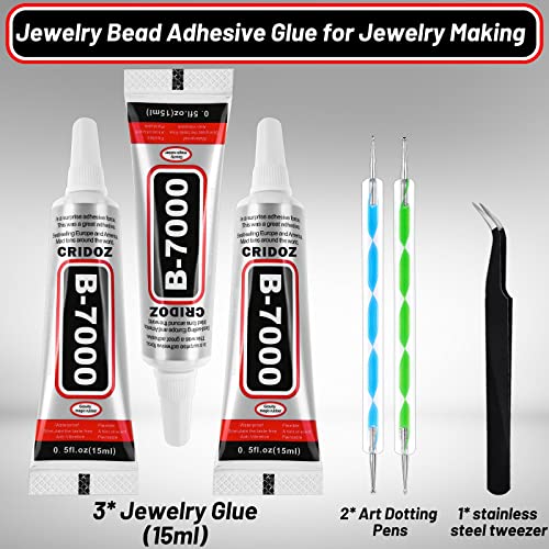 B7000 Rhinestone Glue for Jewelry Making, Clear Glue for Crafts Fabric Glue with Precision Tips Adhesive Glue with Dotting Pens Tweezers for Metal Stone Nail Art Beading Wood Glass 0.5 fl oz, 3 Packs