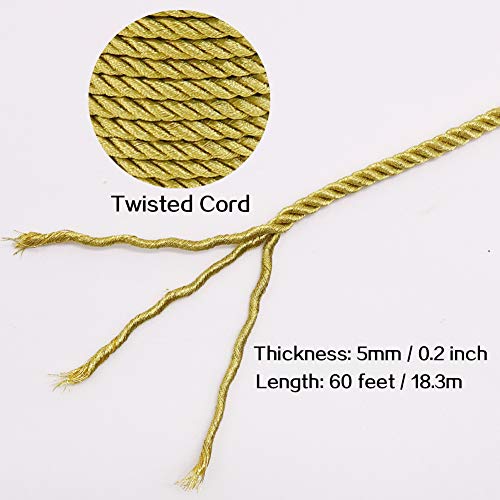 Tenn Well 5mm Twisted Cord Trim, 59 Feet Gold Decorative Rope for Curtain Tieback, Upholstery, Honor Cord, Home Decor