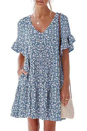 nclook Women's Summer Casual Dress Sweet & Cute V-Neck Mini Dress with Pocket Short Sleevele Ruffle Dress Blue