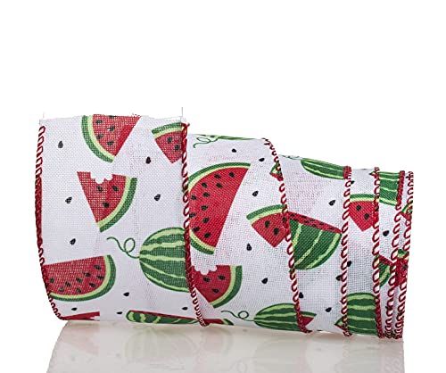 ATRBB Watermelon Wired Ribbon, Fruit Pattern Ribbon for Wreaths, Wrapping and Crafting, 2.5 Inches x 10 Yards (White/Green/Red-Watermelon)