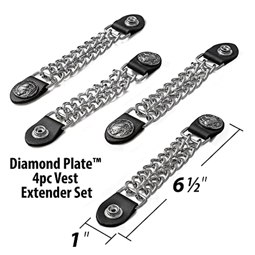 Diamond Plate 4-Piece Vest Extender Set - Chrome Finish Chains, Faux Leather Ends, Nickel Button with Buffalo Engraving - Attaches to Most Vest Sizes - 6.5 Inch Extensions