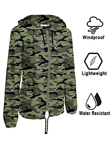 Avoogue Lightweight Raincoat Women's Waterproof Windbreaker Packable Outdoor Hooded Rain Jacket Army Green Camouflage XXL