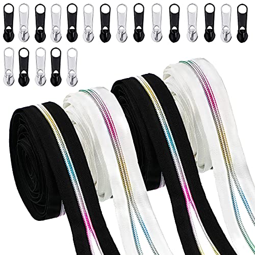 20 Yards Nylon Coil Zippers #5 Rainbow Zipper Tape Colorful Teeth Black and White Zipper Tape with 20 Pulls Top Stops for DIY Sewing Craft Decorations