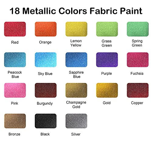 Metallic Fabric Paint, Shuttle Art 18 Metallic Colors Permanent Soft Fabric Paint in Bottles (60ml/2oz) with Brush and Stencils, Non-Toxic Textile Paint for T-shirts, Shoes, Jeans, Bags & DIY Projects