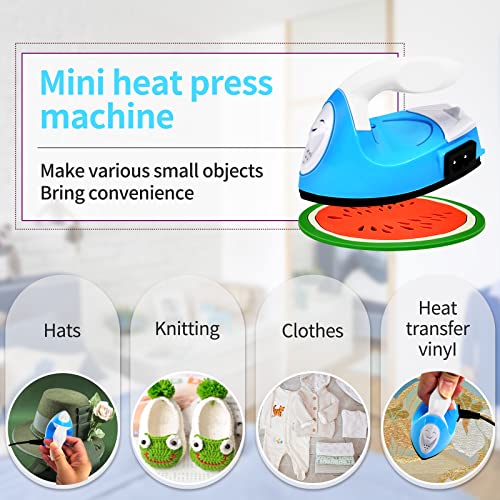Mini Heat Press Iron Machine,Portable Mini Electric Iron,Small Heat Press Iron,Mini Iron Press for Clothes Shoes Bags Hats,Iron Press Machine for Heating Transfer,Silicone Pad Included (Blue)