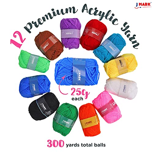 J MARK Crochet Kit with Yarn Set– Premium Bundle Includes Crochet Hooks, Acrylic Crochet Yarn Balls, Needles, Book, Bags and More – Beginner and Professional Starter Pack for Adults and Kids