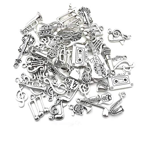 WOCRAFT 50pcs Wholesale Bulk Lots Instrument Music Notes Charms for Jewelry Making Mixed Smooth Tibetan Silver Metal Charms Pendants DIY for Jewelry Making Necklace Bracelet and Crafting (M354)