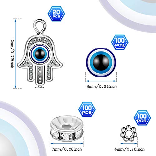 320 Pieces Evil Eye Charms Set Includes 100 Evil Eye Beads 20 Hamsa Hand Evil Eye Charms 100 Czech Crystal Spacer Bead 100 Plum Shaped Charms Bead for DIY Jewelry Making (Antique Silver)