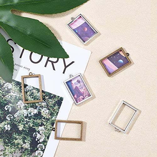 OLYCRAFT 20pcs Open Bezel Pendant Alloy Photo Locket Pendant Rectangle Frame Pendant Hollow Charm for Display Picture, Resin Crafts Jewelry Making -- Antique Bronze & Silver