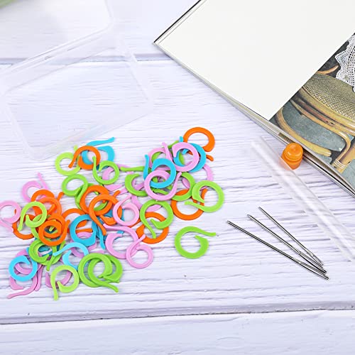 Yizzvb 50 Pcs Crochet Stitch Markers, Knitting Stitch Rings with Plastic Box, Crochet Ring Crochet Locking Sewing Accessories and Large-Eye Blunt Needles for DIY Handmade Crafts