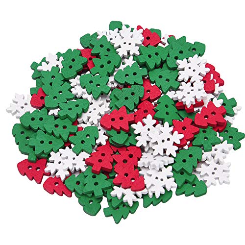 Livder 150 Pieces Christmas Wooden Buttons Sewing Snowflake Button with 2 Holes (Red, Green, White)