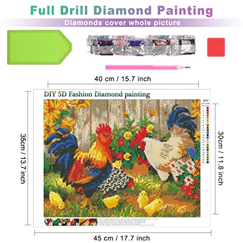 AIRDEA DIY 5D Diamond Painting Kits for Adults,Round Full Drill Diamond Art Kits,Rooster Hen Gem Painting Art for Kids Diamond Chicks Painting Pictrue Arts Craft for Home Wall Art Decor 13.8x17.8in