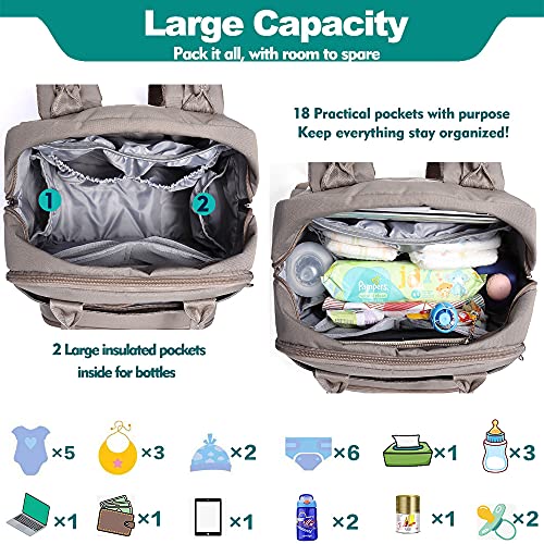 BabbleRoo Diaper Bag Backpack, Nappy Changing Bags Multifunction Waterproof Travel Back Pack with Changing Pad & Stroller Straps & Pacifier Case, Unisex and Stylish (Khaki)