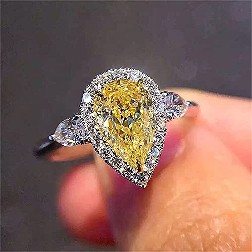 925 Sterling Silver Full Diamond Ring Shiny Citrine Ring Tear Drop 3Ct Zirconia Promise Halo Rings CZ Yellow Gem Cocktail Rings Eternity Engagement Wedding Band Ring for Women TZ.118 (US Code 6)