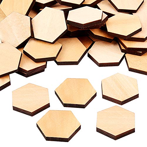 OLYCRAFT 100PCS Wood Pieces Unfinished Wood Hexagon Pieces Natural Wood Hexagon Cutout Wood Hexagon Blank Slices for DIY Crafts Valentine's Day Easter Decoration 1.5”x1.3”x0.2”
