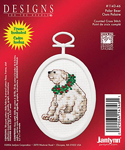 Janlynn 1143-46 18 Count Mini Counted Cross Stitch Kit, 2.75-Inch, Oval, Polar Bear