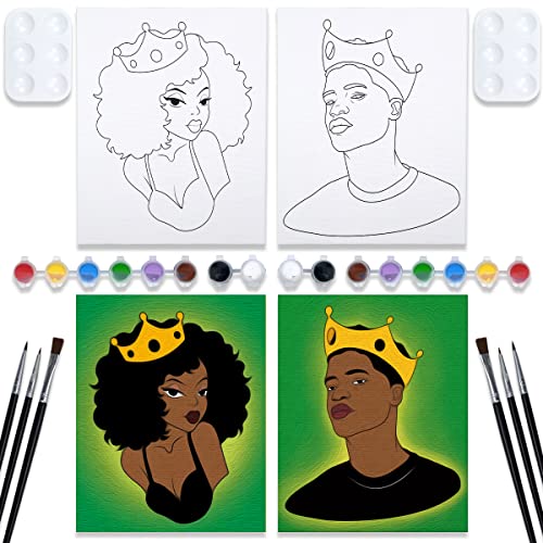 Paint and Sip Kit Pre Drawn for Painting for adults Stretched Canvases for Painting Couples Paint Party Kits Couples Games Date Night Ideas（2pack）Painting Canvas Afro Queen King 8x10 Paint Art Set